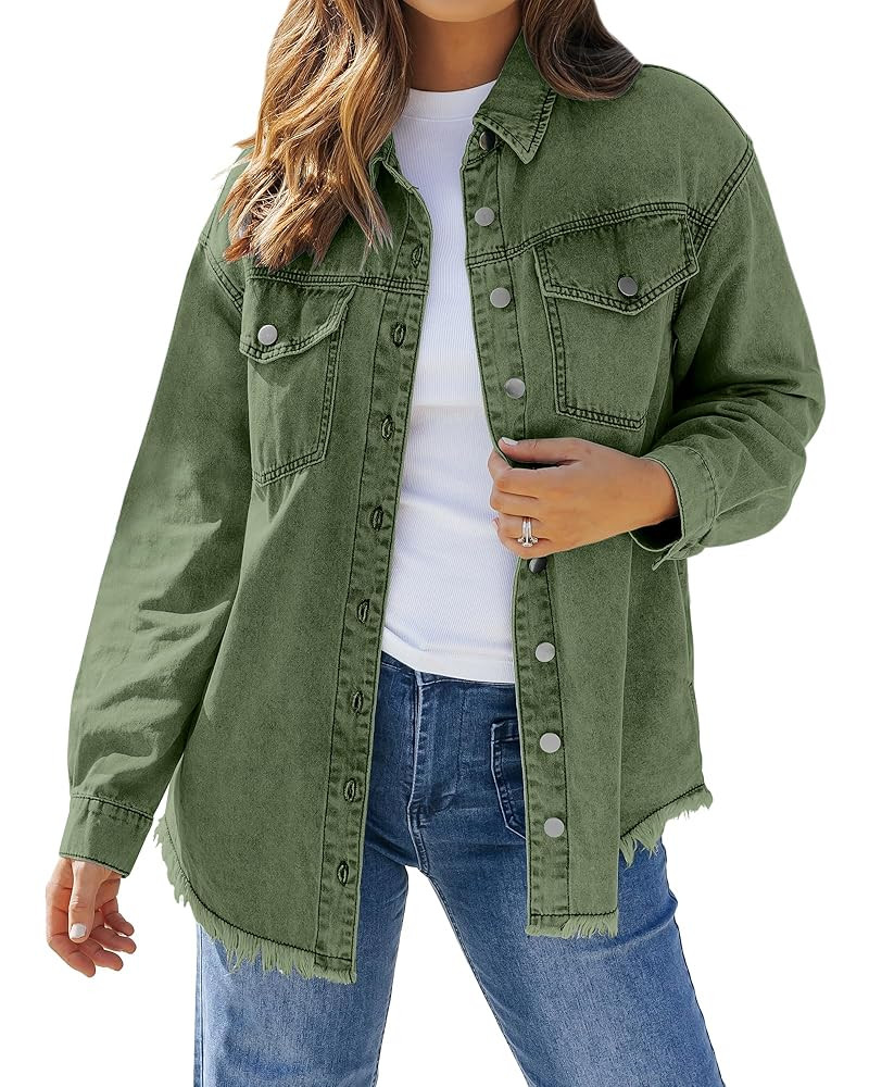 LookbookStore Jean Jacket Women Trendy Oversized Button Down Long Sleeve Frayed Hem Denim Shirt J... | Amazon (US)