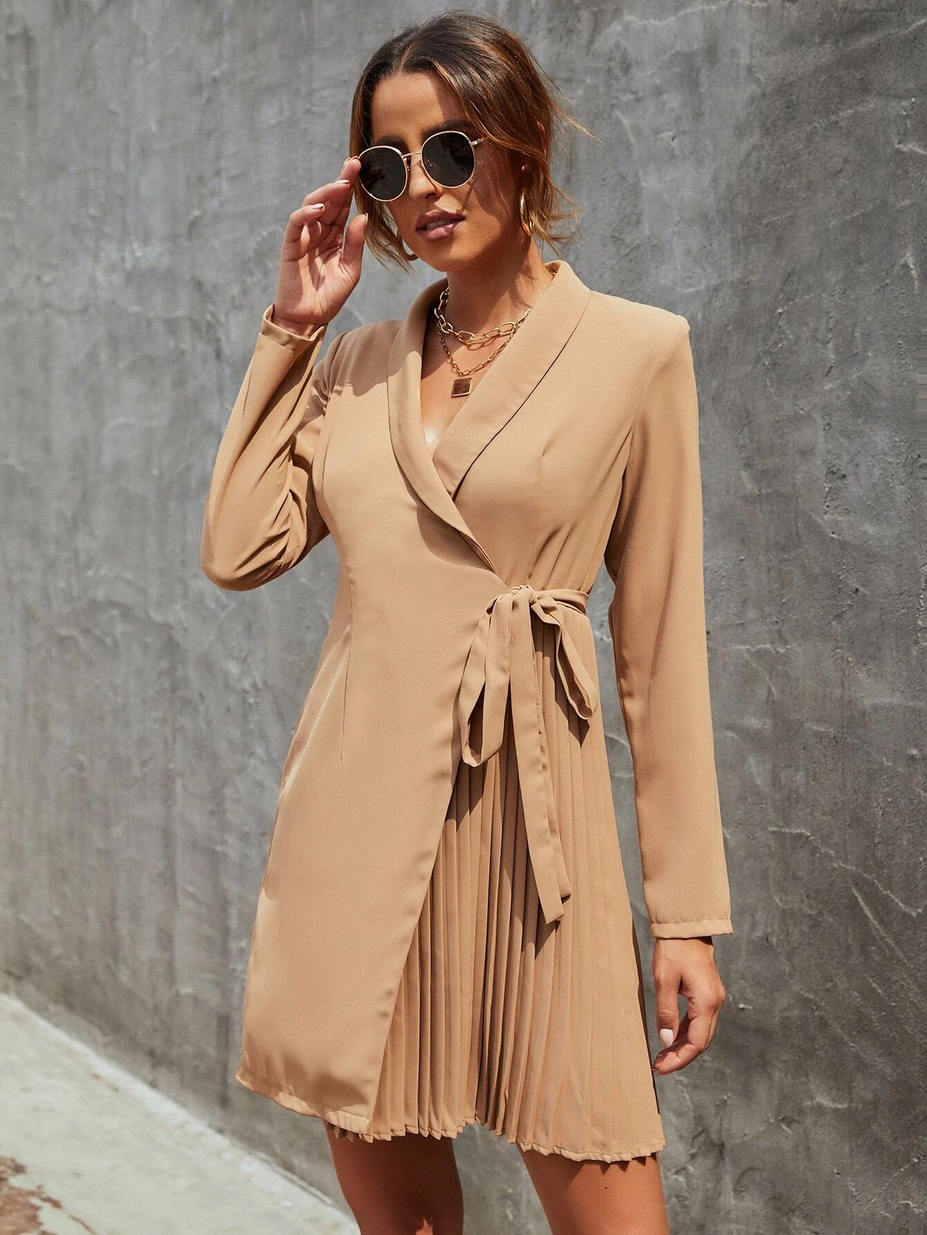 Shawl Neck Tie Side Pleated Hem Wrap Coat | SHEIN