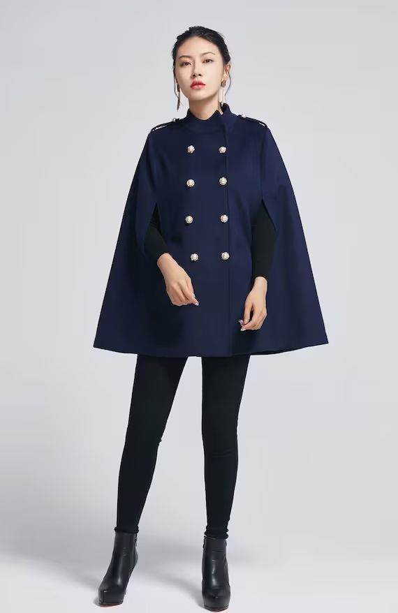Blue wool cape, cape coat, navy cape, wool cape, short wool cape, winter cape, womens cape, Xiaol... | Etsy (US)