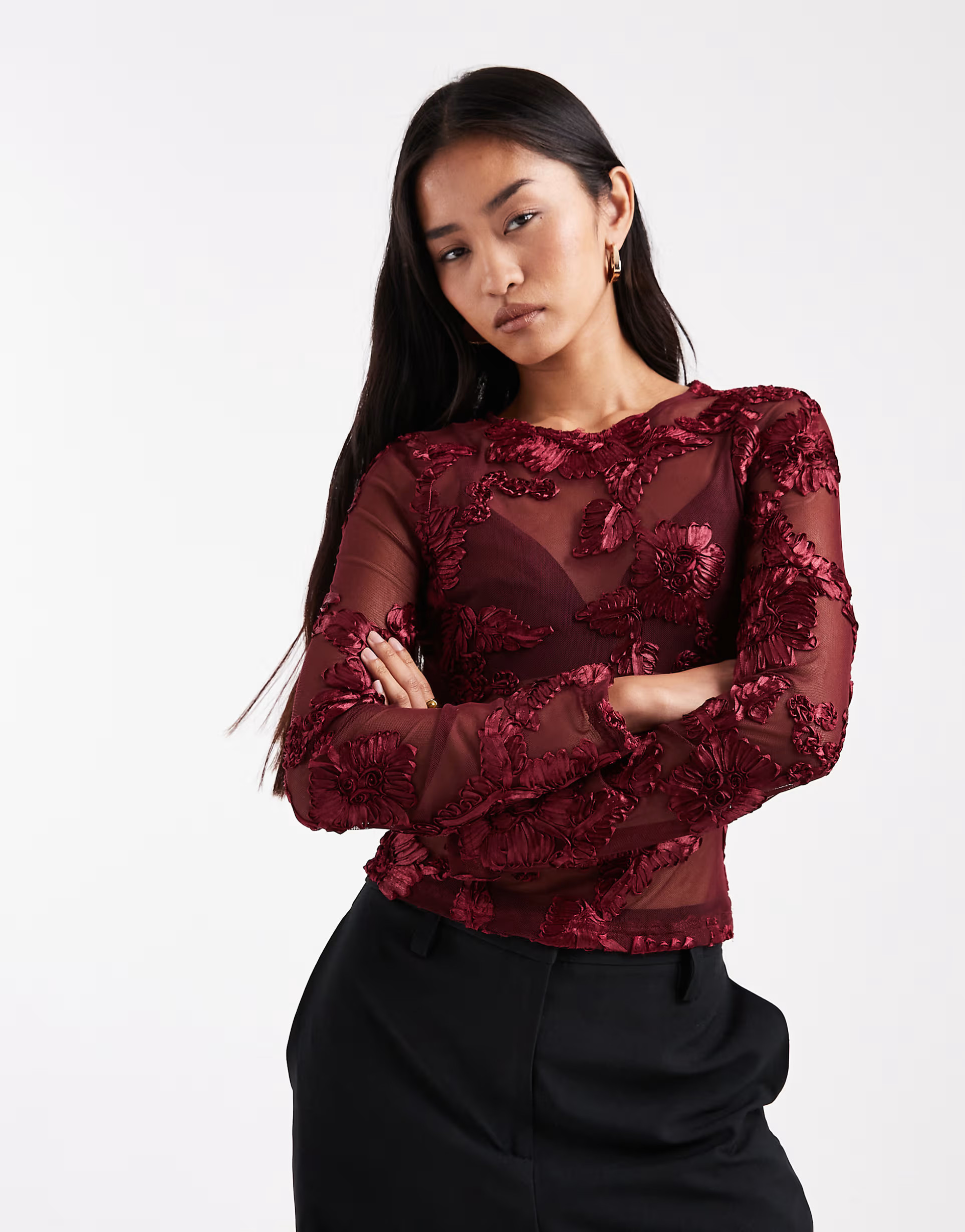 ASOS DESIGN mesh embroidered floral long sleeve top in burgundy | ASOS (Global)