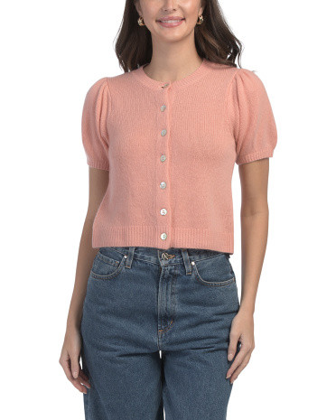 Cashmere Short Sleeve Pleated Shoulder Crew Neck Button Down Cardigan | TJ Maxx