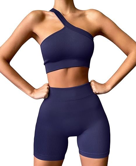 OLCHEE Womens One Shoulder Workout Sets 2 Piece - Seamless Ribbed Gym Outfits Crop Top and Mini S... | Amazon (US)