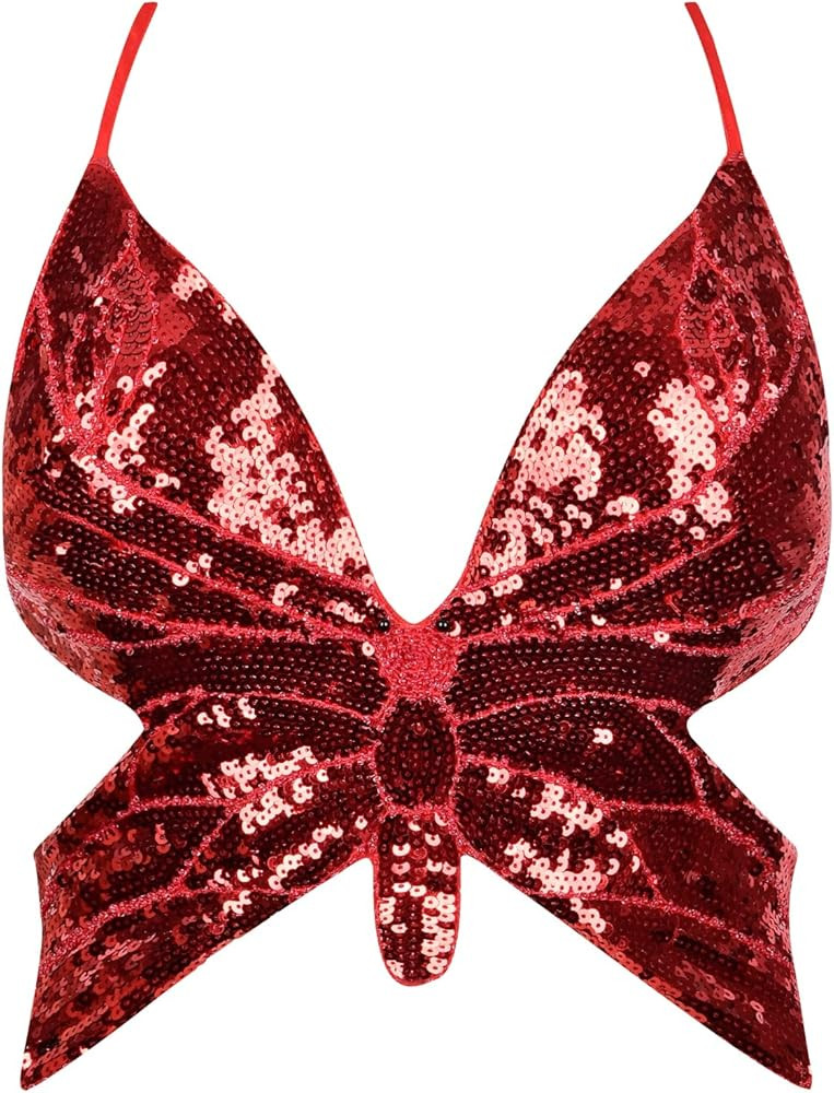 PrettyGuide Women's Glitter Sequin Butterfly Top Sexy Halter Lace-up Y2k Rave Crop Tank Vest Tops | Amazon (US)