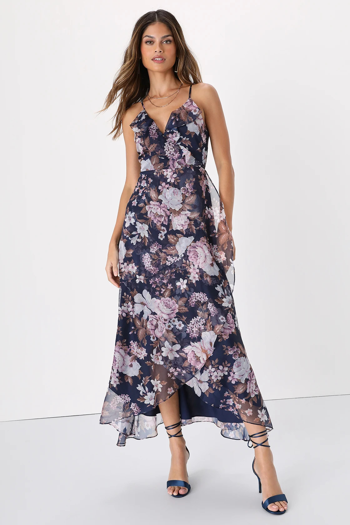 Dainty Love Navy Blue Floral Ruffled High-Low Faux-Wrap Dress | Lulus (US)