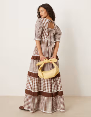 Neon Rose gingham ruffle detail puff sleeve smock dress in brown | ASOS (Global)