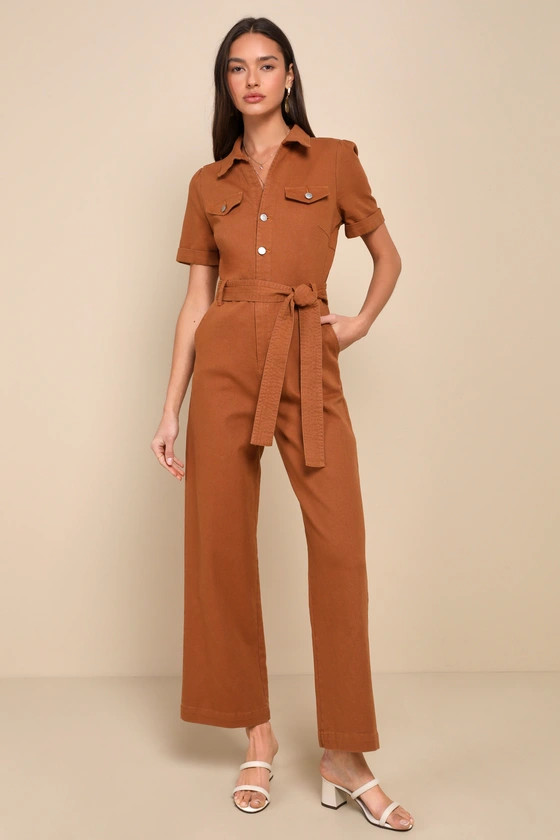 Practical Perfection Rust Brown Twill Short Sleeve Jumpsuit | Lulus