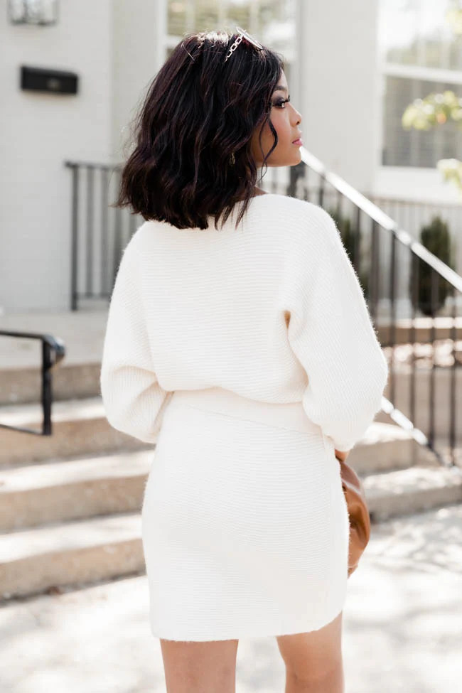 Been Awhile Cream Belted Long Sleeve Sweater Dress | Pink Lily