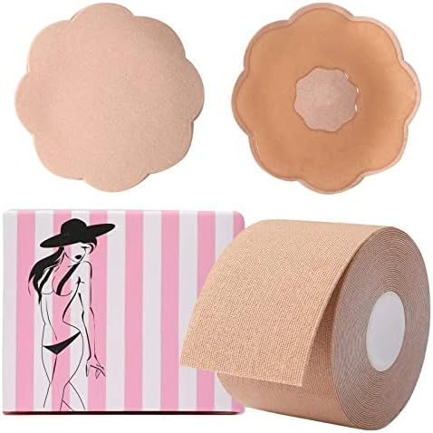 Boob Tape and 2 Pcs Petal Backless Nipple Cover Set, Breathable Breast Lift Tape Athletic Tape with  | Amazon (US)