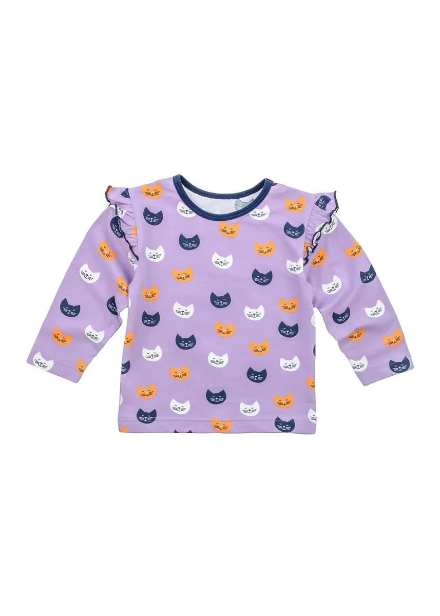 Curious Cats Print Long Sleeve Shirt With Ruffles | Florence Eiseman