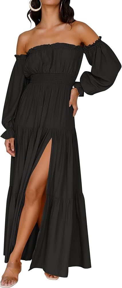 Women's 2023 Boho Sexy Off Shoulder Long Sleeve Smocked High Waist Side Split Flowy A Line Tiered... | Amazon (US)