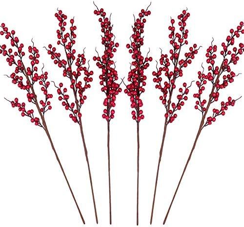 Greentime 6 Pack Artificial Berry Long Stems Fake 25.2 Inches Christmas Red Berries Faux Holly Be... | Amazon (US)