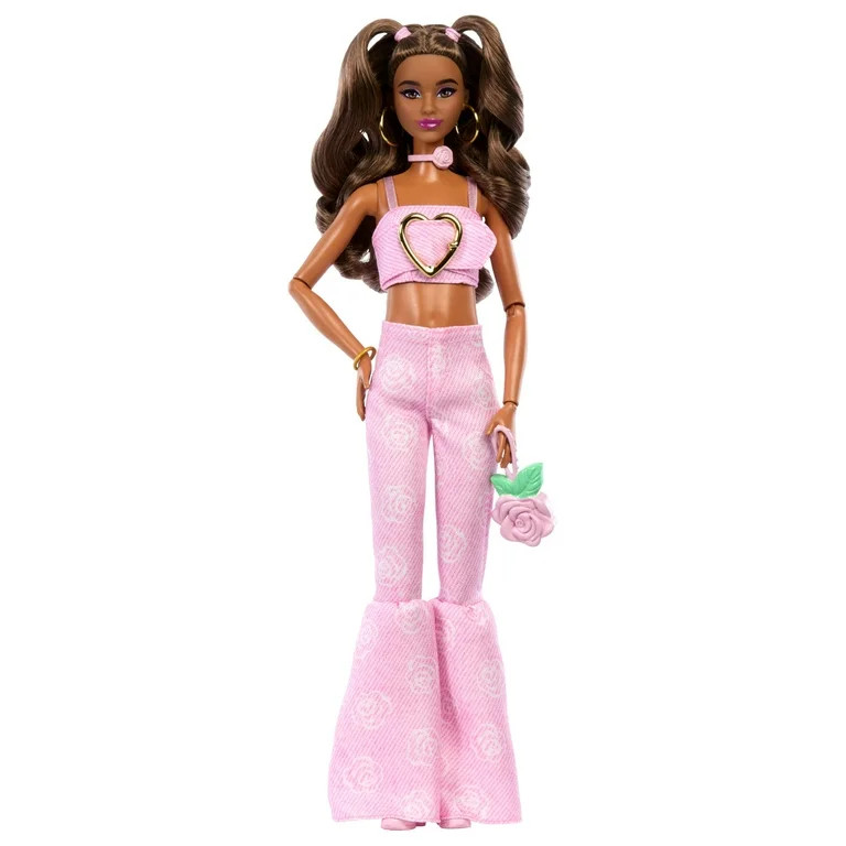 Barbie Deluxe Style Fashion Doll #12 in Pink Denim Crop Top and Flare Jeans, Brunette | Walmart (US)