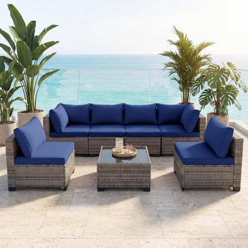 7 Pieces Outdoor Wicker Patio Furniture Set, Patio Conversation Sectional Set with Cushions & Coffee Table, All Weather PE Rattan Patio Sofa with Tea Table for Backyard Porch Garden (Navy-blue) | Amazon (US)