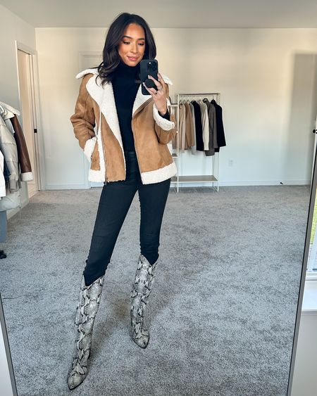 Evereve site is on SALE for Black Friday Cyber Monday & we’re giving away 3 $250 gift cards on IG stories!

Sizing:
Suede Sherpa jacket: S (TTS)
Black Turtleneck Sweater: S (fits relaxed)
Medium wash straight jeans: 25 (size down if between sizes)
Black booties: TTS 













Shearling jacket 
Suede jacket
Tan jacket 
Day to night outfit
Casual date night outfit
Fall outfit
Knee high boots
Snakeskin boots
Elevated casual outfit 

#LTKsalealert #LTKstyletip #LTKCyberweek