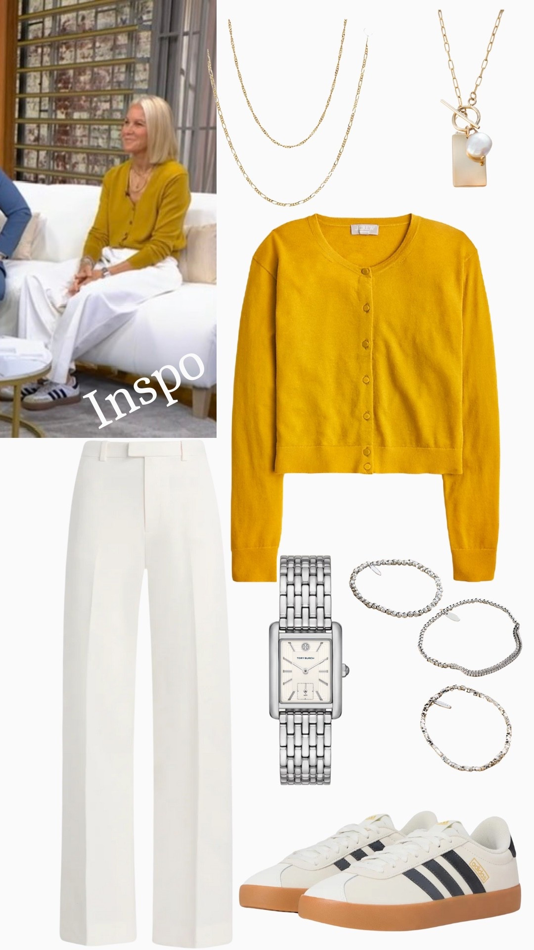Celeb Inspo
Rennae Stubbs on GMA

Off-White Sneakers: Adidas (VL Court 3.0)
Citron Cashmere Cardigan: J.Crew
Rectangular Pendant & Pearl Necklace: Etsy
Gold Necklace Set: Ana Luisa
Ivory Trouser: Favorite Daughter (the Odessa Pant)
Silver Beaded Bracelets (set of 3): Anthropologie 
Silver Watch: Tory Burch (Eleanor Watch)

#LTKStyleTip #LTKSeasonal #LTKWorkwear