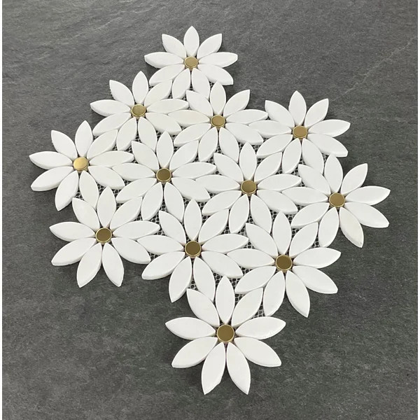 4" x 4" Thassos White Marble & Gold Metal Daisy Pattern Mosaic Wall & Floor Tile | Wayfair North America