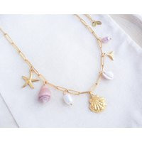 Gold Ocean Charm Pearl Necklace, Starfish Whale Tail Shell Pendants, Handpicked Shells From Portugal, Coastal Jewelry | Etsy (US)