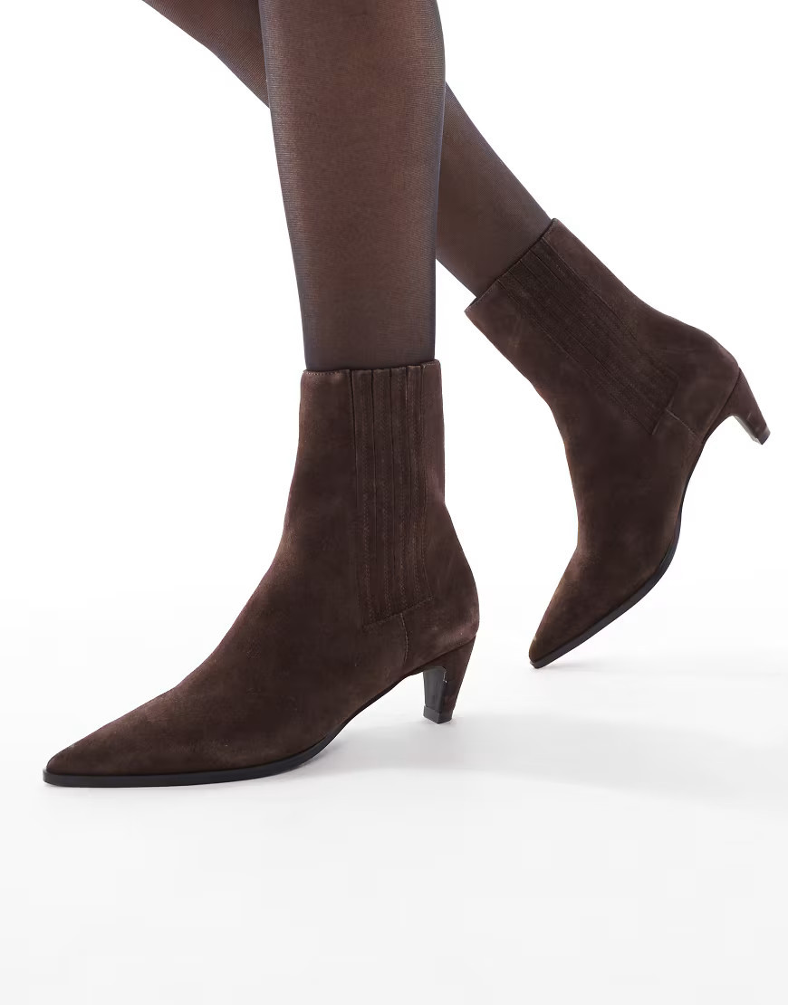 schuh Betsy kitten heel ankle boots in suede chocolate-Brown | ASOS (Global)