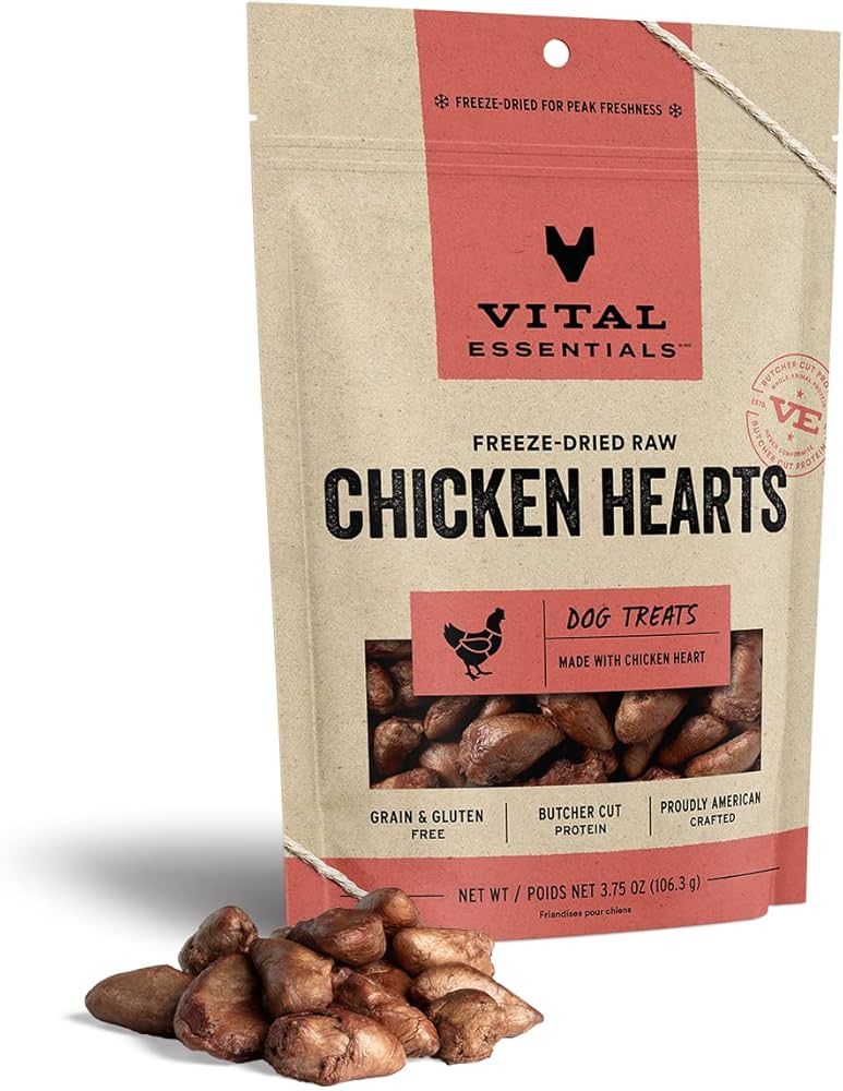 Vital Essentials Freeze Dried Raw Single Ingredient Dog Treats, Chicken Hearts, 3.75 oz | Amazon (US)