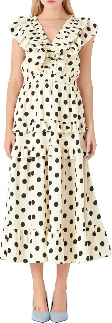 English Factory Polka Dot Ruffle Trim Midi Dress | Nordstrom | Nordstrom