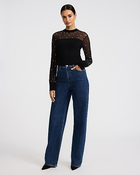 Pearl Embellished Mesh Mock Neck Sweater | Express