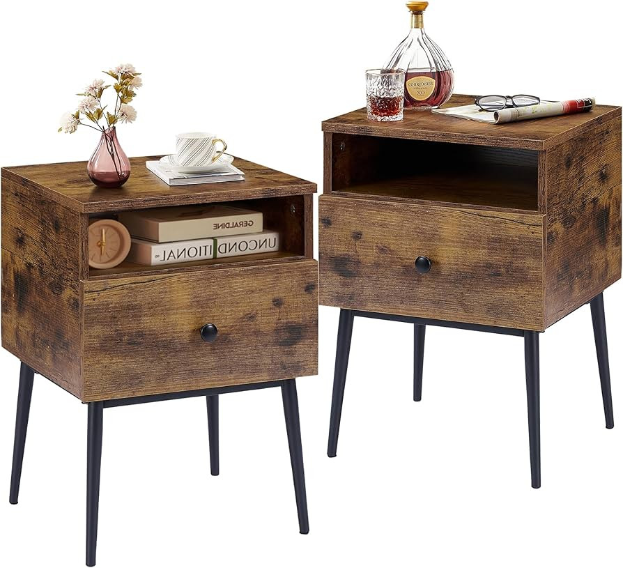 VECELO Nightstands Set of 2,Industrial 2-Tier Night Stand with Drawer, Wood Mid Century Bedside E... | Amazon (US)