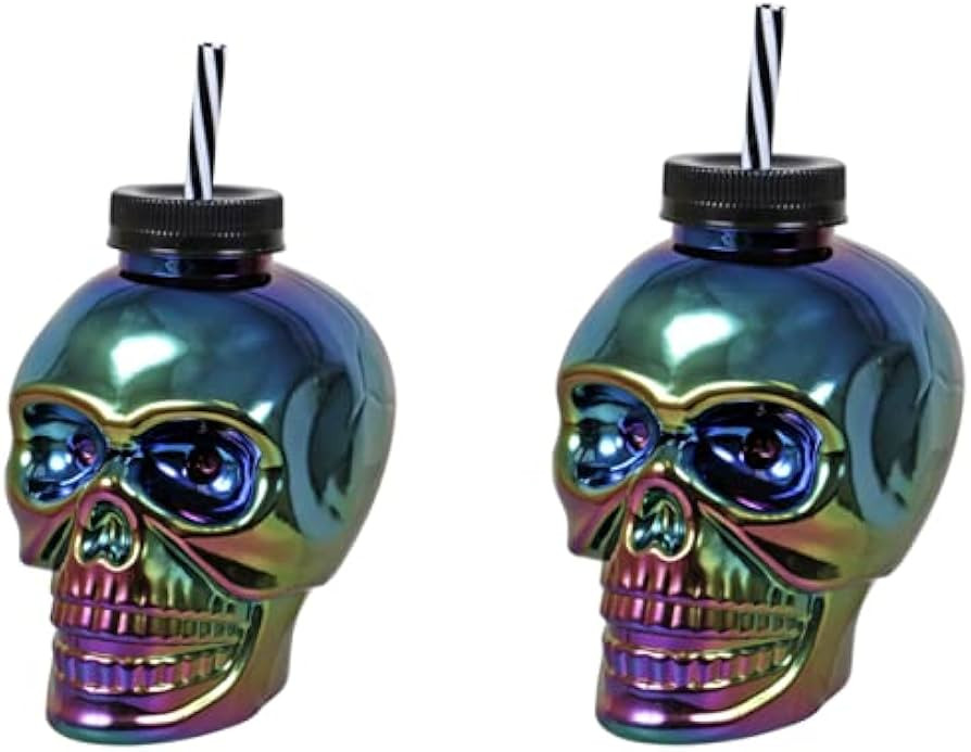 Skull Shaped Drinking Canteens with Straws in Metallic Finish, Set of 2 Halloween Skull | Amazon (US)