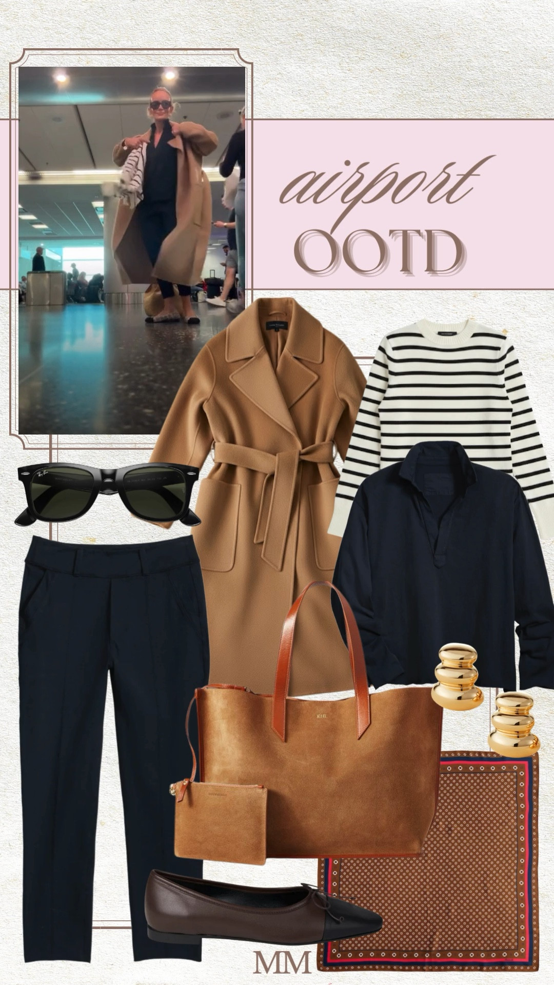 Airport OOTD built on timeless, elevated basics that make travel feel effortless and polished. A camel wrap coat layered over a classic striped sweater and navy button down, paired with tailored navy trousers, leather ballet flats, and a structured tote for the perfect chic travel uniform. Finished with oversized sunglasses, gold statement earrings, and a silk scarf for that quiet luxury, European inspired airport style. [airport outfit, airport ootd, travel outfit ideas, chic airport style, european travel outfit, parisian style outfit, camel coat outfit, striped sweater outfit, navy trousers outfit, ballet flats outfit, leather tote bag, travel tote bag, quiet luxury outfit, old money aesthetic, minimal chic outfit, classic capsule wardrobe, elevated basics outfit, fall travel outfit, winter travel outfit, effortless style, neutral outfit aesthetic, classy travel outfit, everyday luxury style]

#LTKTravel #LTKOver40 #LTKootd