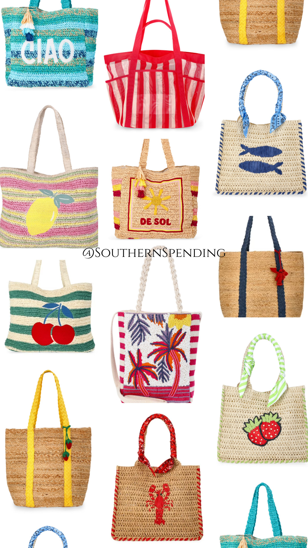 Beach bags galore! Large tote bags to carry everything. There are a few smaller-medium ones linked but most of them are large. See pics and description for sizes.

carryall, mesh tote, raffia, lobster, fruit, ciao, summer, spring, holiday, vacation, tracel, pool 

 #LTKFindsUnder50 #LTKTravel
