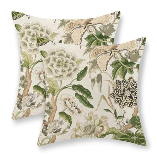GOLIANDA Green Pillow Covers 20x20 Inch Set of 2 Vintage Green Floral Throw Pillows Chinoiserie Flower Decorative Pillow Cases Outdoor Linen Farmhouse Cushion Covers for Couch Sofa Decorations | Amazon (US)