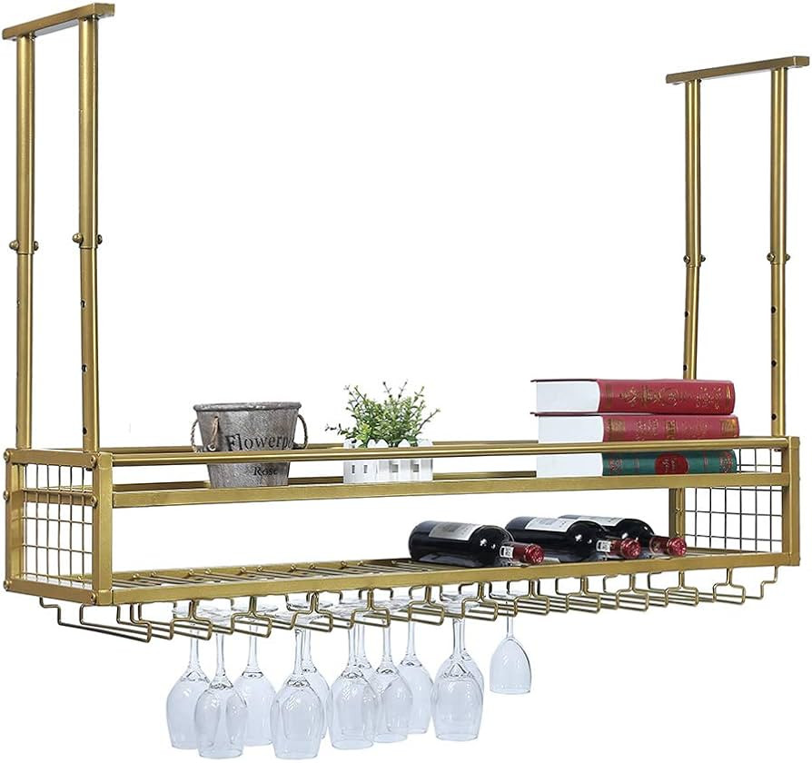 Hanging Wine Rack with Glass Holder and Shelf,Adjustable Metal Ceiling Bar Wine Glass Rack,2-Laye... | Amazon (US)