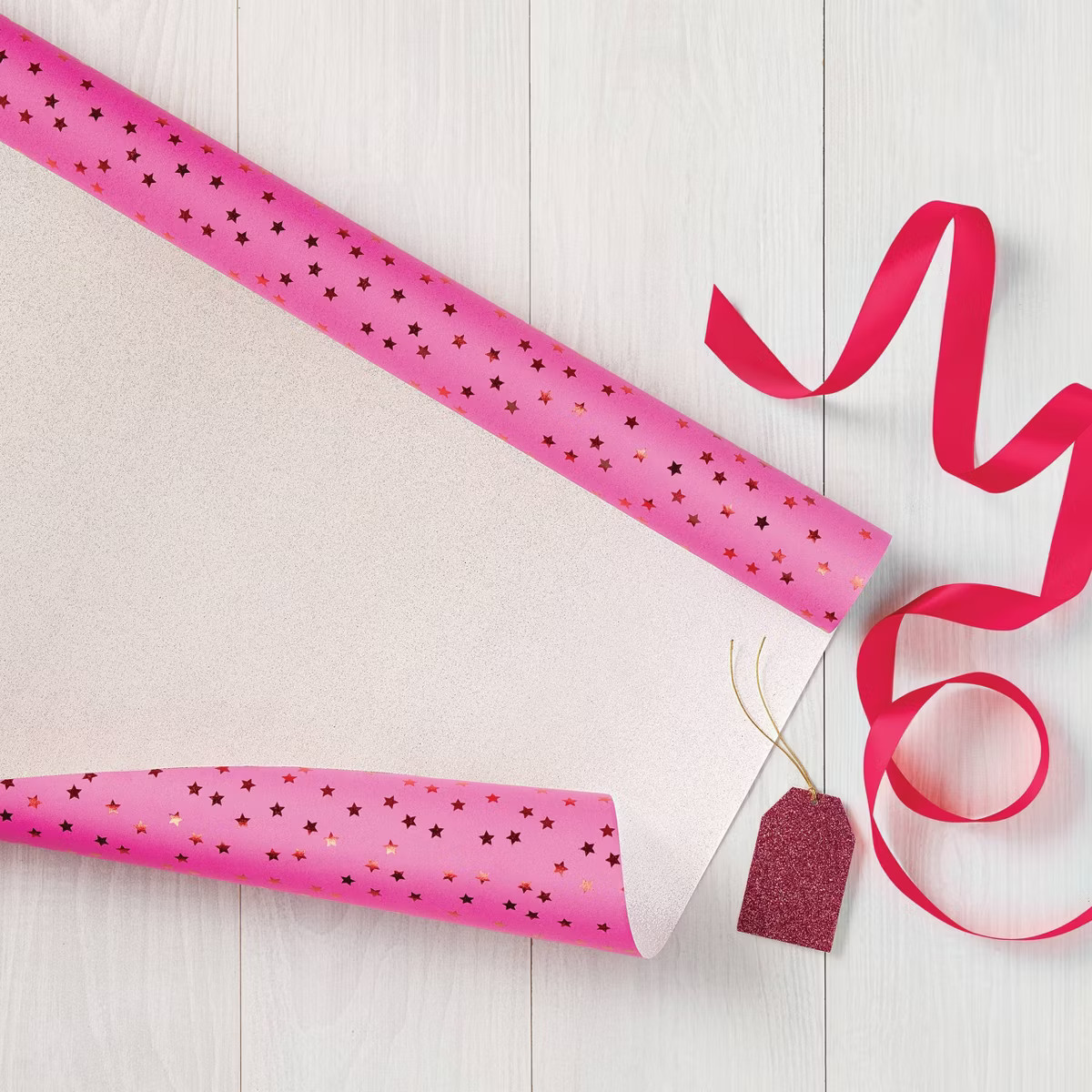 20 sq ft Reversible Glitter/Star Christmas Gift Wrap Pink/Silver - Wondershop™ | Target