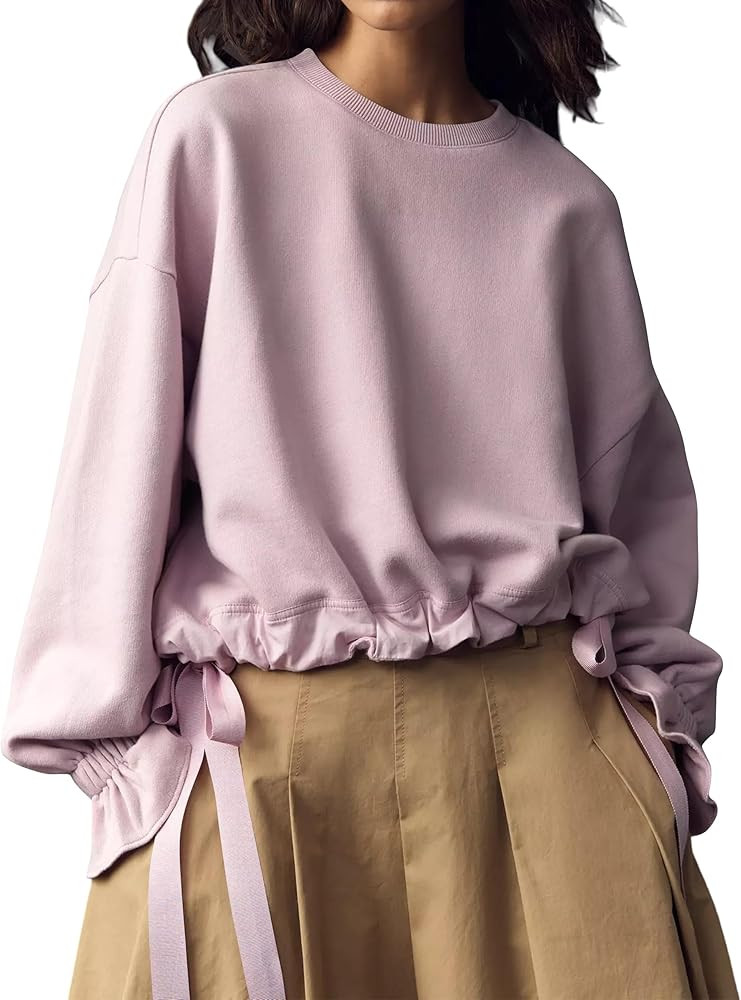 Women Tie Up Sweatshirt Crewneck Balloon Long Sleeve Shirt Casual Fall Pullover Crop Babydoll Top... | Amazon (US)