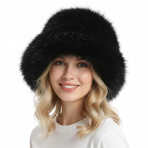 FHQHTH Women's Fluffy Faux Fur Bucket Hat Warm Fuzzy Winter Cap Cozy Soft Outdoor Fashion Hat [Black] | Amazon (US)