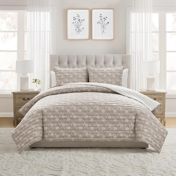 My Texas House Floral Pick Stitch 3-Piece Taupe Adult Quilt Set, Full/Queen | Walmart (US)
