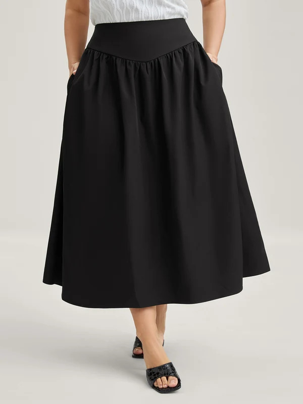 Wide Cinched-Waist Solid Midi Skirt | Bloomchic