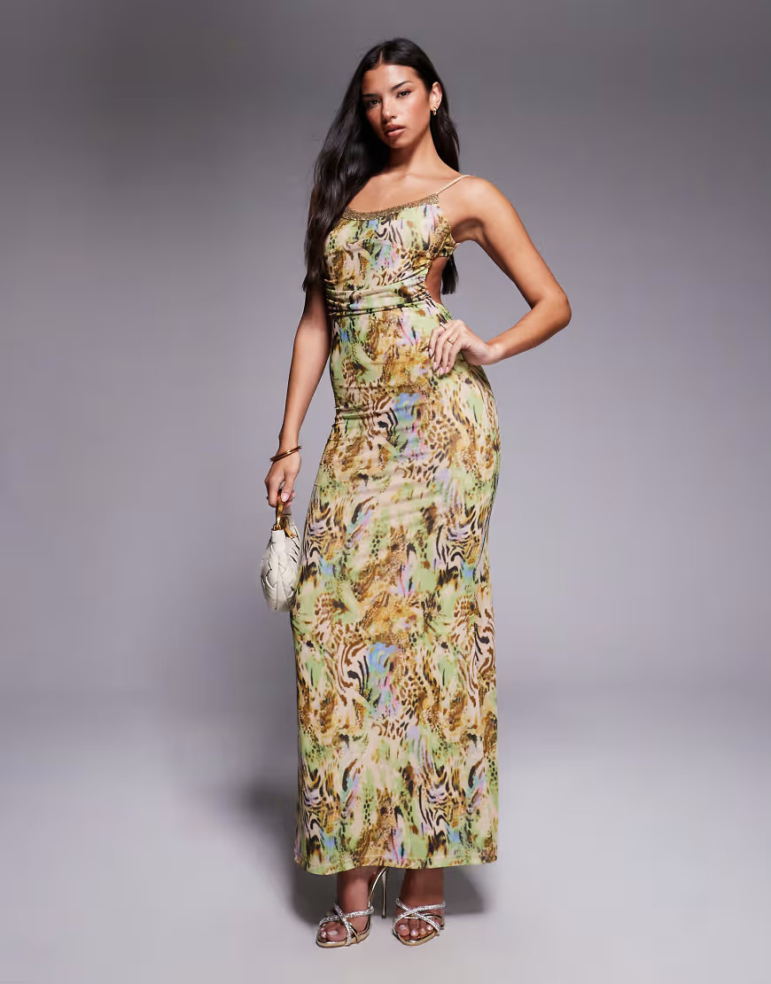 Tiger Mist Elysium sequin trim cami tie low back maxi dress in vintage animal print-Multi | ASOS (Global)