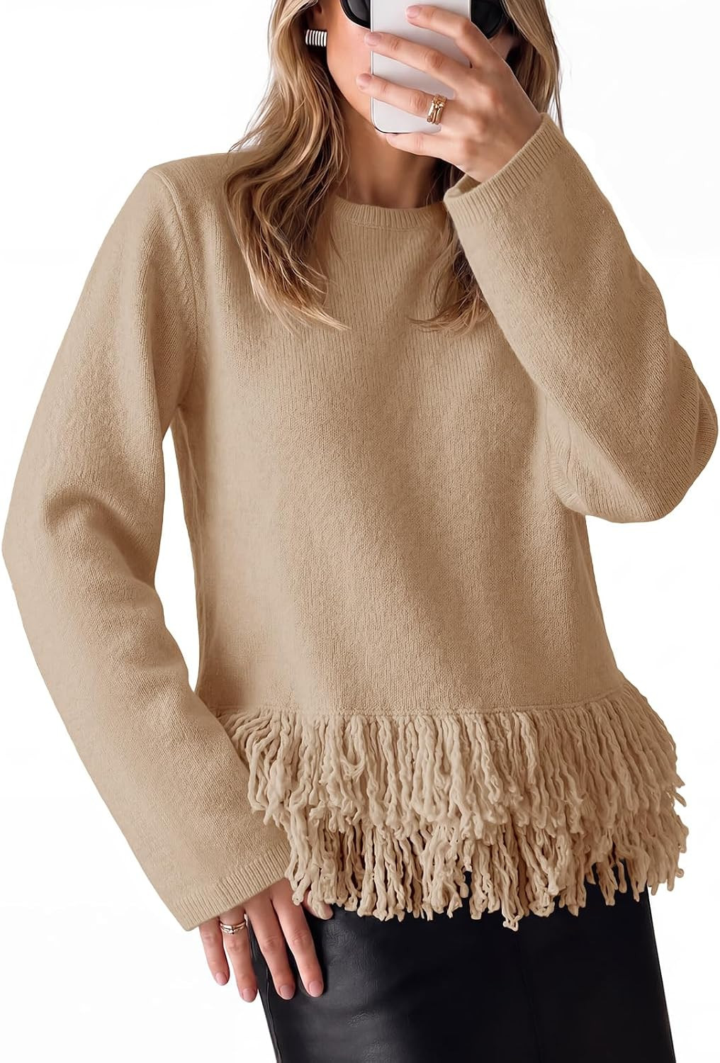 Saodimallsu Womens Fringe Sweater 2026 Fall Crew Neck Boho Pullover Tops | Amazon (US)