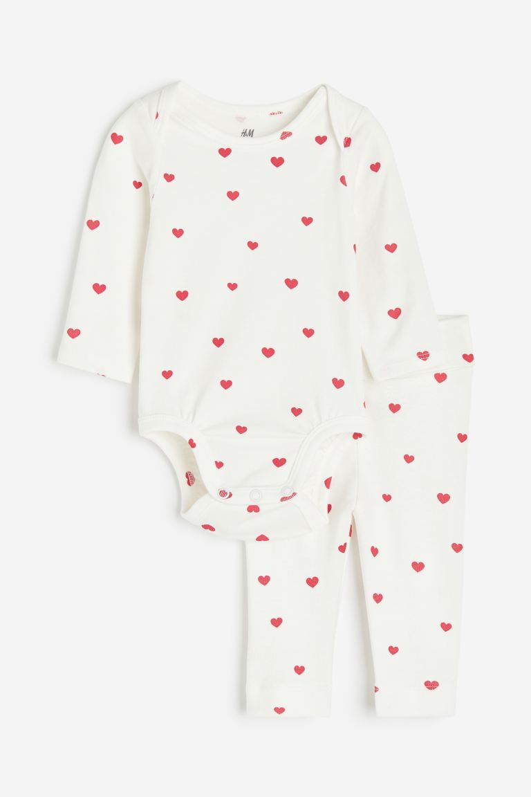 2-piece Cotton Jersey Set - White/hearts - Kids | H&M US | H&M (US + CA)