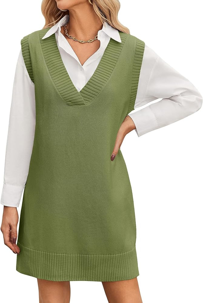 Zeagoo Women Sweater Vest Dress 2025 Sleeveless Sweater Dress V Neck Knit Vests Fashion Fall Casu... | Amazon (US)