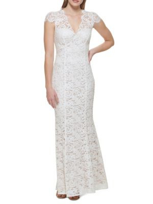 Eliza J Lace Fit &amp; Flare Gown on SALE | Saks OFF 5TH | Saks Fifth Avenue OFF 5TH