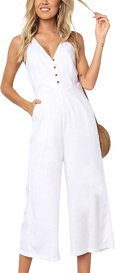 ECOWISH Womens Jumpsuits Casual Button Deep V Neck Sleeveless High Waist Wide Leg Jumpsuit Romper... | Amazon (US)