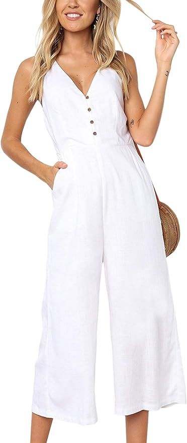 ECOWISH Womens Jumpsuits Casual Button Deep V Neck Sleeveless High Waist Wide Leg Jumpsuit Romper... | Amazon (US)