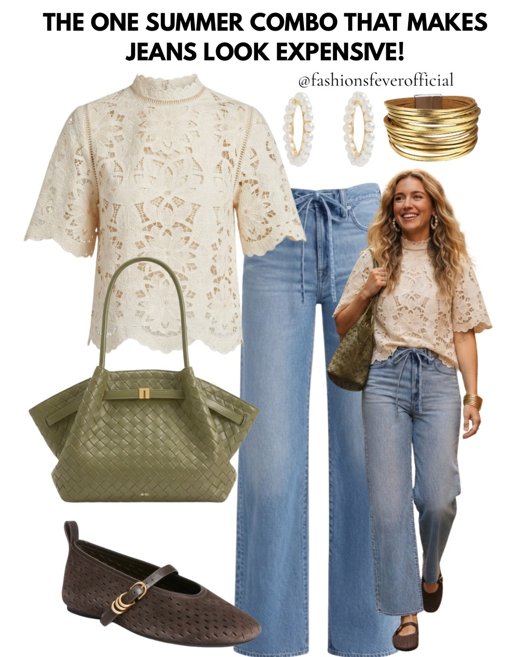 Summer Outfits! Nordstrom Anniversary Sale! 
The one summer combo that makes jeans look expensive.

Wide-leg denim, a cream crochet top, and an olive woven bag that pulls the whole thing together. This is the formula quiet luxury girls swear by this summer — soft texture, tonal neutrals, gold details that catch the light without trying too hard.

That olive bag is doing more than people realize. It breaks up the neutral palette, adds a hit of color without feeling loud, and instantly makes the outfit look intentional instead of thrown together.

The kind of look that photographs effortless but was actually built piece by piece. Denim does the heavy lifting, the top brings texture, the bag brings contrast, and the accessories seal the "expensive" factor.

Save this for the next "I have nothing to wear" moment. 🤍

#summeroutfit #quietluxury #elevatedcasual #ootdinspo #summerstyle #denimoutfit #casualchic #outfitinspiration #americanstyle #summerfashion #LTKSummer #NordstromAnniversarySale

#LTKSeasonal #LTKootd