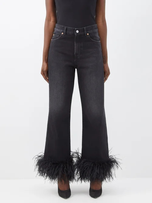Valentino - Detachable Ostrich-feather Cuff Cropped Jeans - Womens - Black | Matches (US)