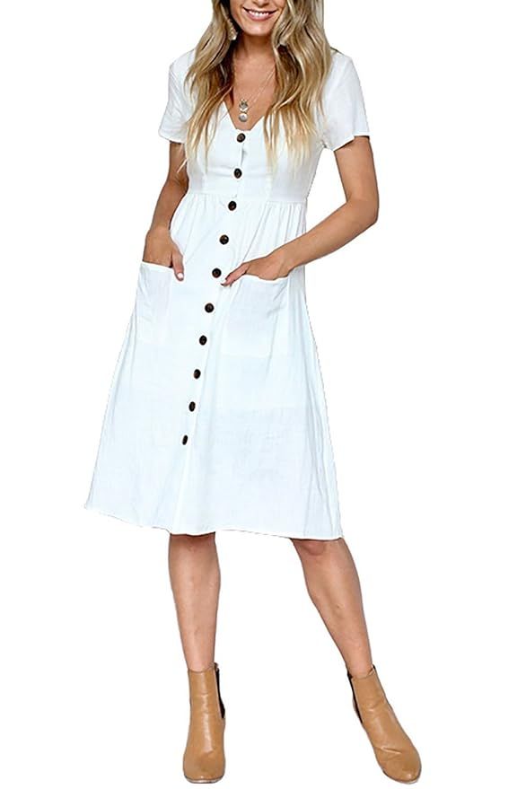 Women's Sundress Short Sleeve Summer V Neck Button Down Swing A Line Midi Dress with Pockets | Amazon (US)