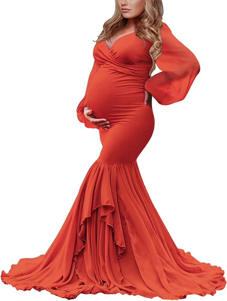 Saslax Long Chiffon Sleeve Tired Mermaid Maternity Dress for Photoshoot Photography Baby Shower | Amazon (US)