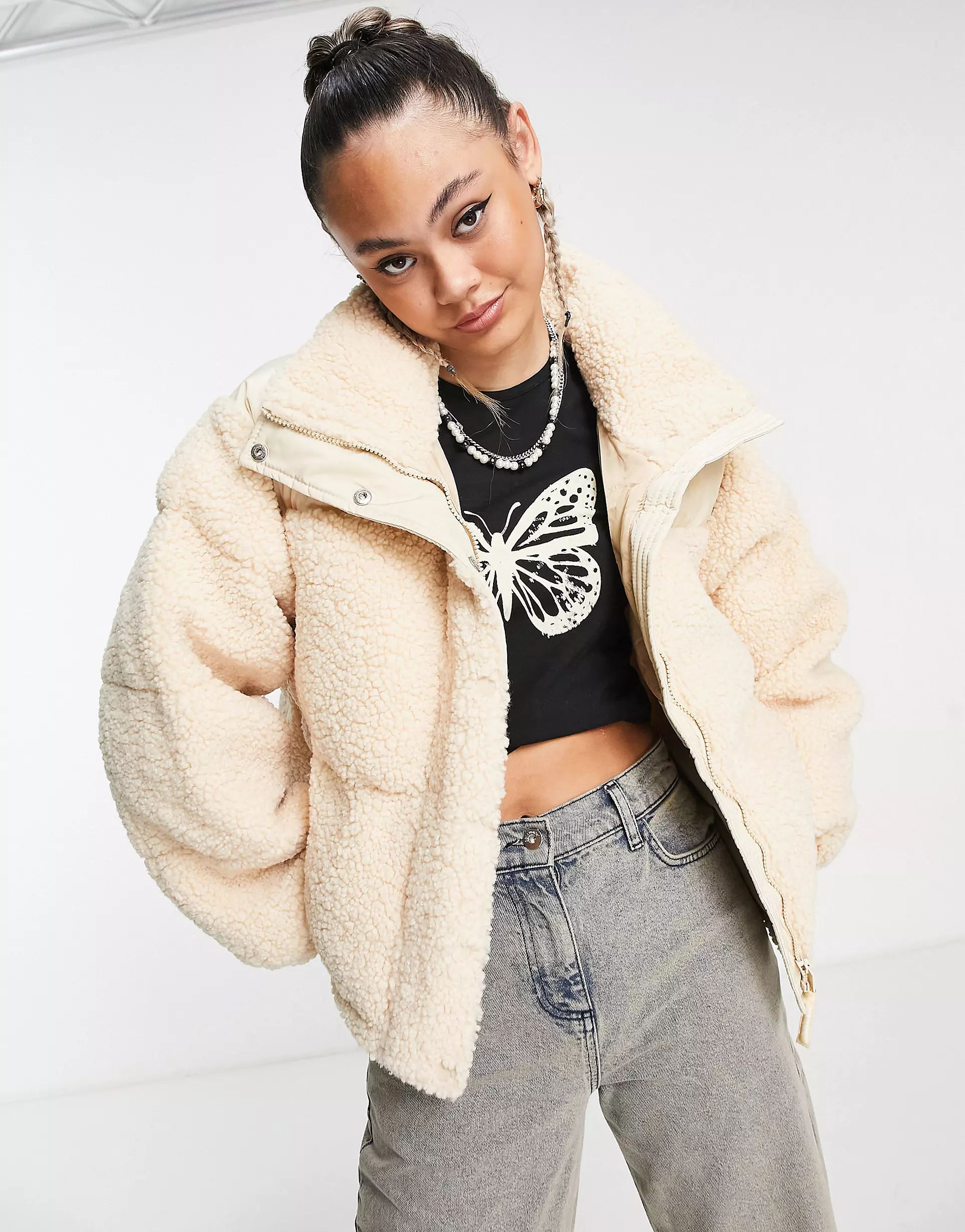 Sixth June oversized boxy crop puffer jacket in cream sherpa with contrast collar | ASOS (Global)