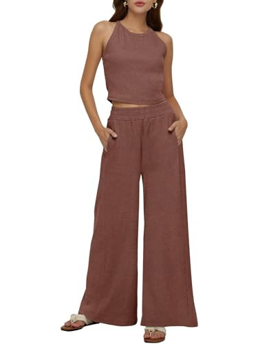 DEEP SELF Womens Summer Two Piece Casual Outfits Sleeveless Ribbed Knit Bodycon Crop Top Matching Pants Sets with Pockets (Medium, Rust) | Amazon (US)