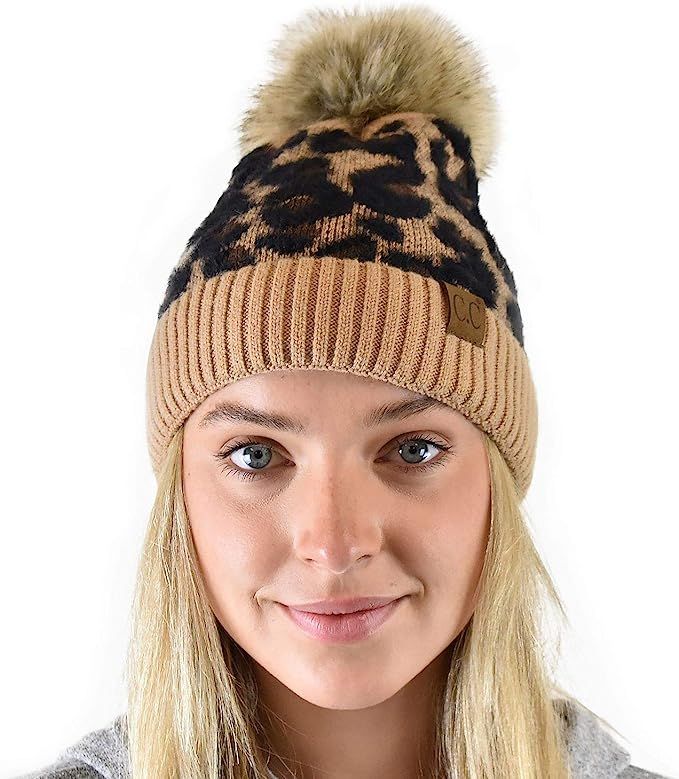 C.C Animal Print Soft Warm Knit Cuff Faux Fur Pom Beanie | Amazon (US)